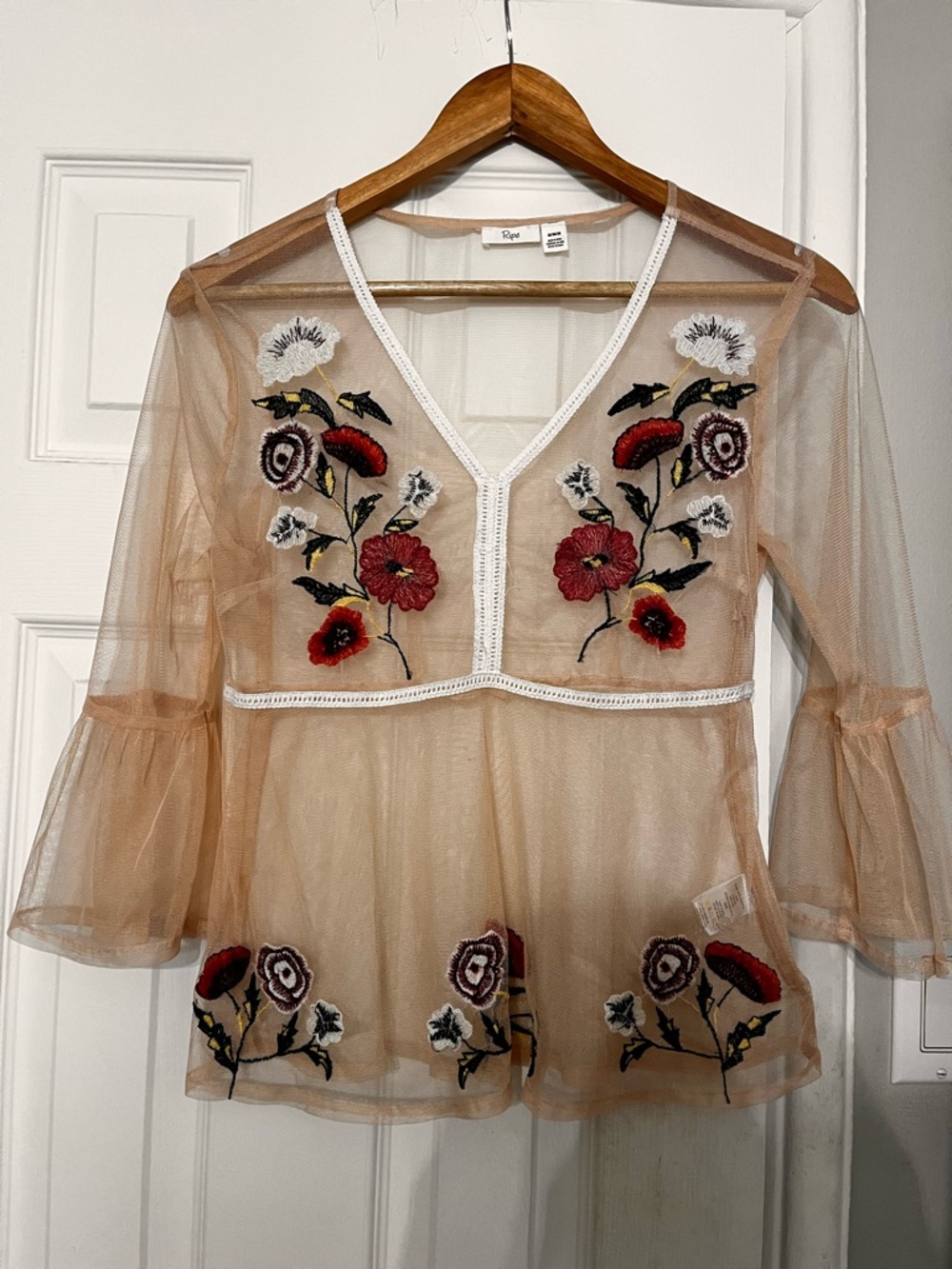 Ripe Sheer Beige Embroidered Floral Blouse with Red Accents
